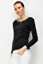 Women's Crew Neck Collar and Sleeves Embroidered P Cotton U Combed Cotton Blouse Black - 3