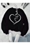 Heart Cat Printed Crew Neck Women's Plain Black Sweatshirt