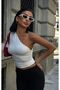 One-Shoulder and Side Ruched Stretchy Cropped Blouse Wft4048