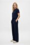 Women's Nadia Modal Touch Polo Collar Waist Elastic Pocketed Navy Blue Bottom Top Set - 3