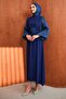 Navy Blue Balloon Sleeve Rose Detailed Evening Dress - 4
