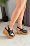 Women's Pure Black Patent Leather 10 cm Padded Written Cork Sole Shoes - 2