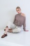 Women's Brown Boat Neck Tie-Detail Bat Sleeve Cotton Piece Blouse Alc-X15443 - 5