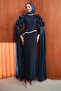Navy Blue Sleeve Detail Stone Evening Dress