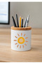 Printed Ceramic Pen Holder with Boho Design and Wooden Detail Desktop Pen Holder