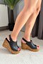 Women's Pure Black 10 cm Padded Written Cork Sole Shoes - 2