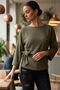 Women's Dark Khaki Zero Collar Soft-Textured Batwing Sleeve Front Tie-Detail Blouse Arm-26K001021 - 2