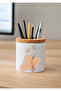 Printed Ceramic Pen Holder with Boho Design and Wooden Detail Desktop Pen Holder