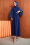 Navy Blue Balloon Sleeve Rose Detailed Evening Dress