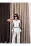 Round Neck Buttoned Belt Accessories Included Lined Vest Set Front Pleated Pocketed High Waist Trouser Suit - 8