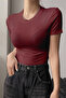 Women's Corded Fabric Look Slim Fit Body-Fitting Half Sleeve T-Shirt - 2