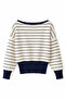 7031 Women's Asymmetrical Cut Boat Neck Striped Sweater Navy Blue Natural
