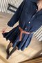 Navy Blue Snap Fastener Skirt Pleated Belt Pcs Gabardine Shirt Dress