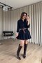 Navy Blue Snap Fastener Skirt Pleated Belt Pcs Gabardine Shirt Dress - 3