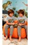Gray Color Dinosaur Themed Cuffed Short Sleeve Crew Neck Pocketed Boy's Pajama Set - 3