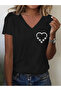 Women's Heart Printed V-Neck Sleeved Regular Fit T-Shirt