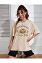 Social Club Mix Printed Oversized Crew Neck Beige Women's Tshirt - 2