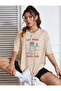 Social Club Mix Printed Oversized Crew Neck Beige Women's Tshirt