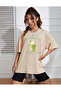 Social Club Mix Printed Oversized Crew Neck Beige Women's Tshirt - 2