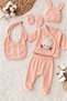 Organic Baby Girl Print Rabbit Patterned 5-Piece Jumpsuit Hospital Release Newborn Outfit Baby Bib - 6