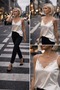 V-neck Lace detail waist cut detailed satin blouse - 2