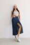 Women's High Waist Front Slit Seam Long Denim Skirt Bnj-346 - 3