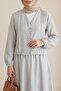 V-Neck Front Buttoned Pleated Detailed Linen Set - Light Gray - 3