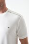 Men's White Crew Neck Shoulder Thick Striped Detail T-Shirt - 4