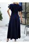 Women's Short Sleeve Double-Breasted Collared Front Asymmetrical Ruffled Long Imported Crepe Dress - 2