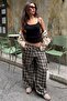 Beige Plaid Patterned High Waist Balloon Fit Women's Trousers Mg2726