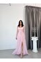 Powder Pink Heart Neck Corset-Detail Front-Tie Lace Evening Dress - 2