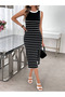 Women's Strappy Round Neck Striped Detail Slit Midi Knit Dress - 6