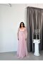 Powder Pink Heart Neck Corset-Detail Front-Tie Lace Evening Dress - 4