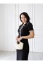 Women's Black Corded Fabric Long Striped Detail Polo Collar Knit Dress - 4