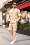Beige 100% Cotton Piece Men's Shorts and Shirt Set E7360