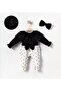 Baby Girl Lace Piece Bow Romper with Heart Patterned Black Ecru Baby Romper Set with Headband