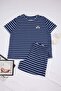 Navy Blue Striped Rainbow Printed Knitted Plus Size Pajama Set Tbbss26Ai00067 - 4