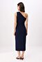 Lacivert Bodycon Asimetrik Yaka Kolsuz Aksesuar Detaylı Midi Esnek Örme Elbise TWOSS26EL00199 - 4