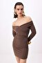 Kahverengi Fitted/Vücuda Oturan Carmen Yaka Esnek Mini Sandy Elbise TPRSS26EL00142
