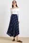 Plaid Patterned Flared Thin Fabric Skirt Dark Blue 7074