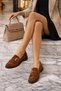 Tuft Gold Buckled Tasseled Suede Women's Casual Loafers Shoes - 7