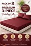 3-Piece Striped Fitted Maroon Bed Sheet Set with 2 Pillowcases, Soft Breathable Bedding