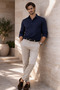 Half Placket Collar York Cotton Fabric Long Sleeve Men's Shirt - Navy Blue - 3