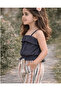 Girl's Strappy Cropped Black T-Shirt Striped Pants Top and Bottom Set - 2