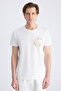 Slim Fit Ecru Honeycomb Knit 100% Cotton T-Shirt