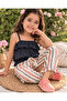 Girl's Strappy Cropped Black T-Shirt Striped Pants Top and Bottom Set - 5