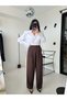 Coffee Pleated Hem Detail Pants - 3