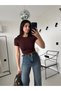 Brown Lycra Stretchy Leo Crop T-Shirt - 3