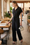 Women's Black Front Buttoned Belted Waist Pocketed Bat Sleeve Palazzo Jumpsuit Arm-24Y001105 - 2