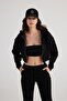 Women's Black Hooded Long Sleeve Zippered Crop Mixed Sweat - 3